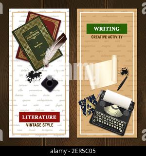 Set of vertical banners realistic vintage literature objects for writing activity and reading isolated vector illustration Stock Vector