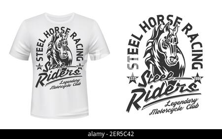Horse stallion head t-shirt vector print. Courser or trotter, horse with waving mare illustration and typography. Motorcycle racing, motorbike riders Stock Vector
