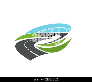 Highway road with bridge and level junction icon. Freeway or driveway ...