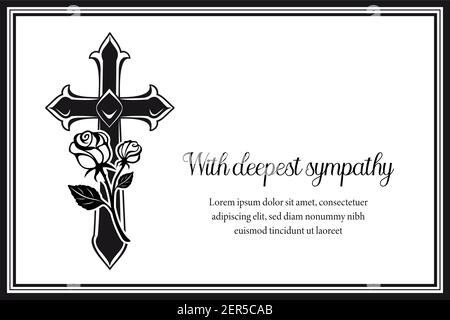 Funeral card with gothic medieval cross and roses. Funerary condolence banner, obituary memorial vector cart with black frame, Christian cross, engrav Stock Vector