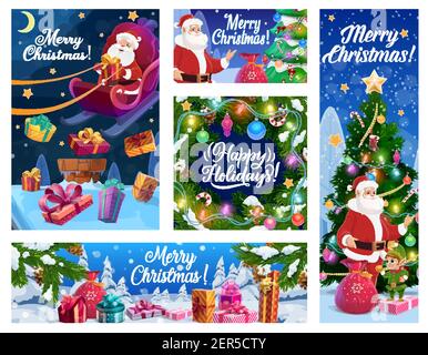 Christmas tree, Santa and New Year gifts vector banners of Xmas winter holidays. Presents on snow, Claus on roof with reindeer sledge and Christmas wr Stock Vector