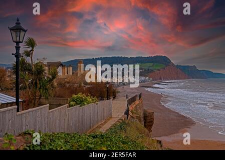 Seafront, beach and coastline of Sidmouth, a small popular south coast seaside town in Devon, south-west England Stock Photo