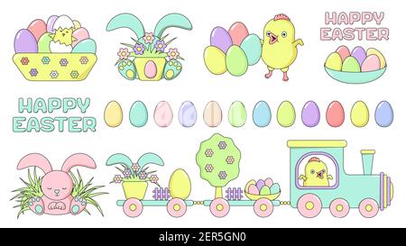 Set of Happy Easter design elements - chicken, rabbit, train, painted eggs, flower, grass with sign. Easter symbols in pastel colors isolated on a whi Stock Vector