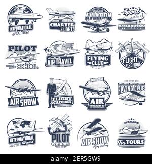 Aviation vector icons vintage and modern planes. Flight school, pilot courses, tours and international airport. Flying club, seaplanes and airplane av Stock Vector