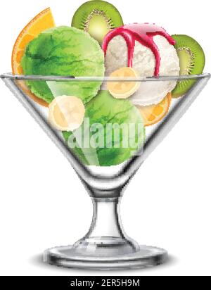 Ice cream in glass bowl realistic composition with delicious pistachio icecream scoops mixed with kiwi and banana vector illustration Stock Vector