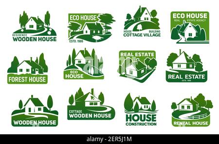 Wooden eco houses, real estate buildings vector icons. Cottage symbols with green trees and lawn, garden, path or driveway and fence. Eco design, land Stock Vector