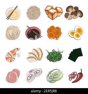 Traditional Japanese or Korean food - a big set of ingredients for traditional Oriental ramen noodle soups. Vector illustration in hand-drawn style on Stock Vector