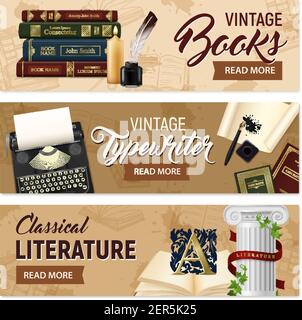 Set of horizontal banners realistic vintage books and typewriter classical literature on beige background isolated vector illustration Stock Vector