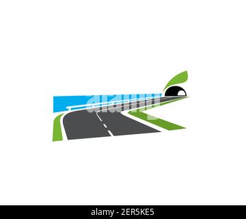 Speedway turn, seacoast road with tunnel icon. Highway on sea or ocean shore, coastal motorway with roadside railing and tunnel in hill or mountain ve Stock Vector