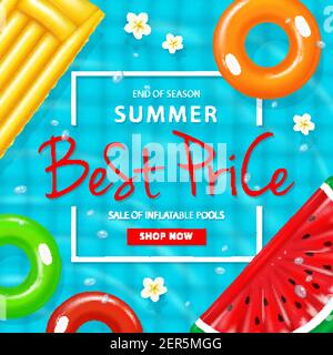 Sale of inflatable pool ad poster on blue water background with swimming equipment and flowers vector illustration Stock Vector