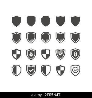 Shield black vector icon set. Shields with checkmark or tick symbol and padlock glyph icons. Stock Vector