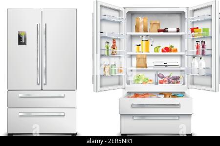 Set of two isolated refrigerator fridge realistic images with two views of opened and closed cabinet vector illustration Stock Vector