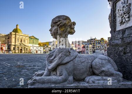 The head of an ornamental statue of a fountain in the old city of Naples, Italy. Stock Photo