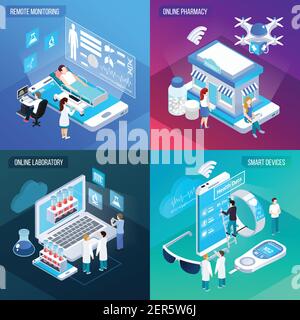 Telemedicine remote health service 4 isometric colorful compositions square with online laboratory mobile smart devices vector illustration Stock Vector