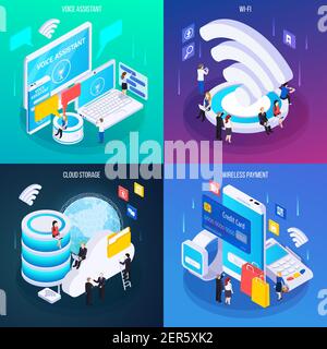 Wireless technology concept 4 glow isometric compositions with cloud storage voice assistant service wireless payment vector illustration Stock Vector