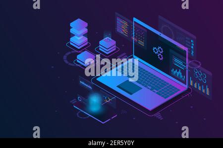 Isometric laptop analysis information connect with smartphone and server.Futuristic concept.vector and illsutration Stock Vector