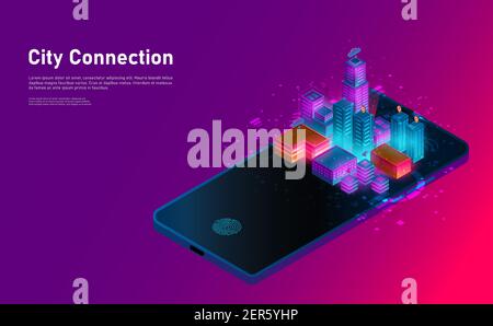 Isometric smart city connection in smartphone lanescape.Futuristic concept.vector and illsutration Stock Vector