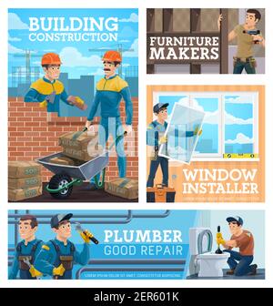 Construction workman, house repair and renovation handyman posters. Bricklayer laying wall and carrying cement in wheelbarrow, furniture maker assembl Stock Vector