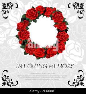 Funeral vector card with red rose sketch flowers wreath. Obituary frame with engraved floral decoration and in loving memory typography. Vintage poste Stock Vector