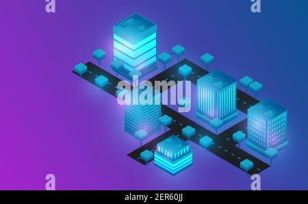 Isometric city lanescape.Futuristic concept.vector and illsutration Stock Vector