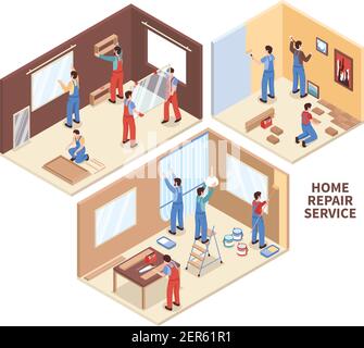 Home repair isometric compositions with painting of walls, parquet works, carpentry, windows installation isolated vector illustration Stock Vector