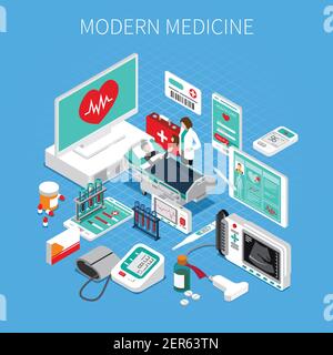 Modern medicine isometric composition on blue background with doctor and patient, medical devices and drugs vector illustration Stock Vector
