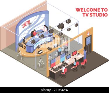 Live tv show with two anchormen broadcasting from studio isometric concept on white background 3d vector illustration Stock Vector