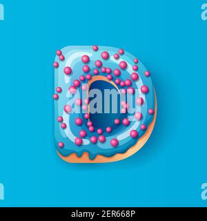 Donut icing blue upper latters - D Font of donuts. Bakery sweet alphabet. Donut alphabet latter D isolated on blue background, vector illustration Stock Vector