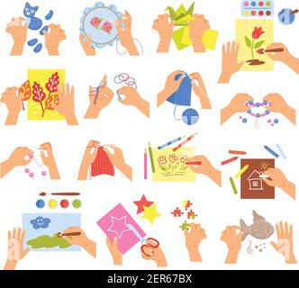 Creative kids hands knitting embroidering folding origami making homemade beads bracelet drawing coloring icons set vector illustration Stock Vector