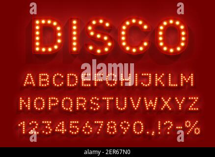 Disco type font with glowing light bulbs, vector alphabet letters, digits and punctuation marks on red background. Glow retro abc uppercase characters Stock Vector