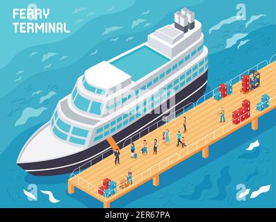 Ferry terminal with modern vessel, tourists and loaders with cargo on pier, isometric vector illustration Stock Vector