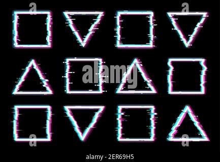 Glitch frames vector distorted neon glowing pixelized borders of triangle and square shapes isolated on black background. Television colored messy dis Stock Vector