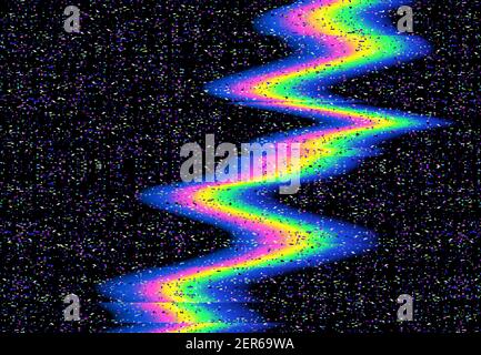 Glitch color wave, vector distorted glitched curvy rainbow colored vertical line and neon glowing random pixels on dark abstract background. Televisio Stock Vector