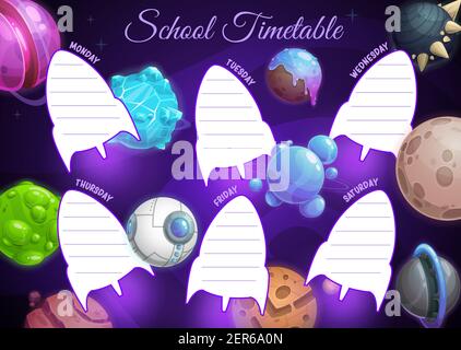 Education school timetable vector template with cartoon fantasy planets or ufo objects in dark sky. Kids time table schedule for lessons with alien pl Stock Vector