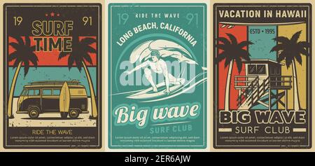 Surfing club, vacation leisure on beach retro poster. Vintage van car on tropical shore with palm trees, surfer riding on big wave and lifeguard tower Stock Vector