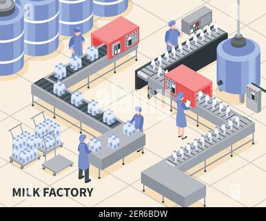 Process of milk packing on factory 3d isometric vector illustration Stock Vector