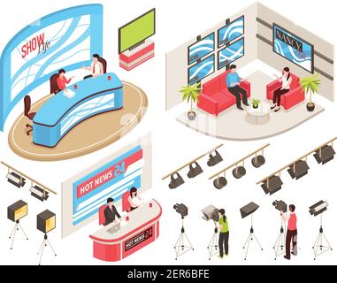 Tv studio of news and show programs, videographers with camcorders, light equipment, isometric set, isolated vector illustration Stock Vector