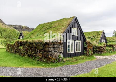 Turf houses built in traditional manner, South Iceland Stock Photo