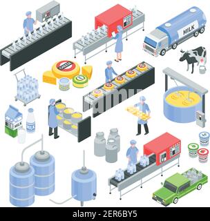 Dairy factory isometric icons with pouring milk in bottle, cheese production, transportation for delivery isolated vector illustration Stock Vector
