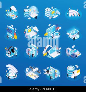 Wireless technology isometric glow icons set with cloud safe data storage access remote health monitoring vector illustration Stock Vector