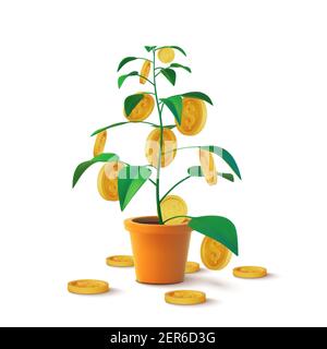 Realistic Money tree with gold coins dollars. Finance and banks, savings and investments. Vector illustration Stock Vector