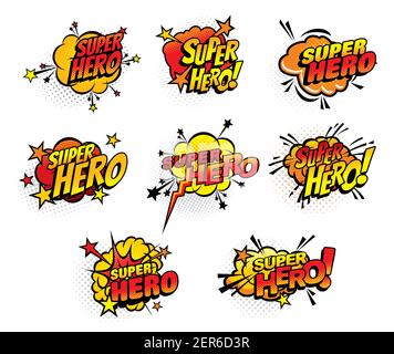 Super hero comics half tone bubbles isolated vector icons. Cartoon pop art retro sound cloud blast explosions with stars and dotted pattern. Boom bang Stock Vector