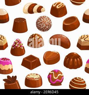 Chocolate candies vector seamless pattern. Sweet desserts, choco candies with praline, nuts or cocoa topping, dark bitter and milk bars, handmade choc Stock Vector