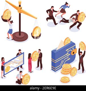 Cryptocurrency mining 2x2 isometric design concept isolated on white background 3d vector illustration Stock Vector
