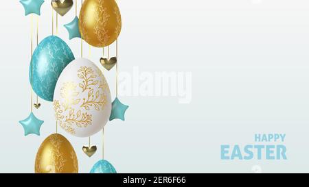 Easter greeting background with realistic golden, blue and white Easter eggs. Vector illustration Stock Vector