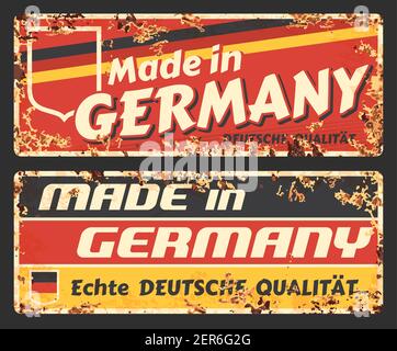 Made in Germany rusty metal signs with vector German flag. Premium quality guarantee for products produced in Federal Republic of Germany, old tin sig Stock Vector