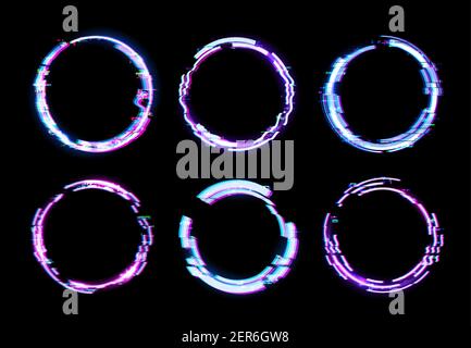 Glitch circle vector frames with neon light borders and digital pixel noise effects on dark TV screen background. Technology theme, futuristic geometr Stock Vector