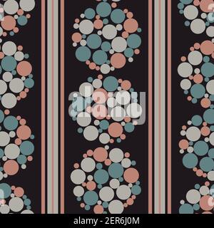 Abstract flower head bubble vector seamless pattern background.Circles within circular shapes and vertical stripes backdrop. Dark pink, teal and slate Stock Vector