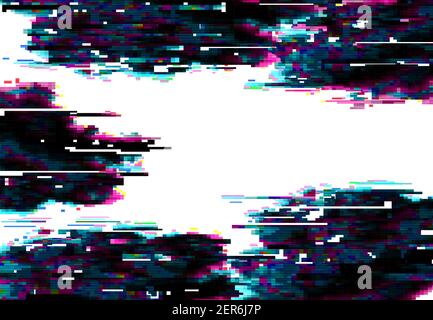 Glitch pixels vector abstract background, distorted glitched colored and neon glowing frame with random pixels on dark and white backdrop. Television Stock Vector
