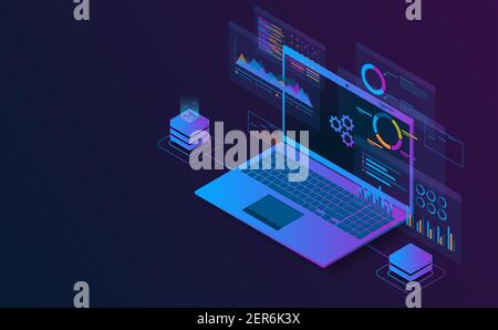 Isometric laptop analysis information connect with server.Futuristic concept.vector and illsutration Stock Vector